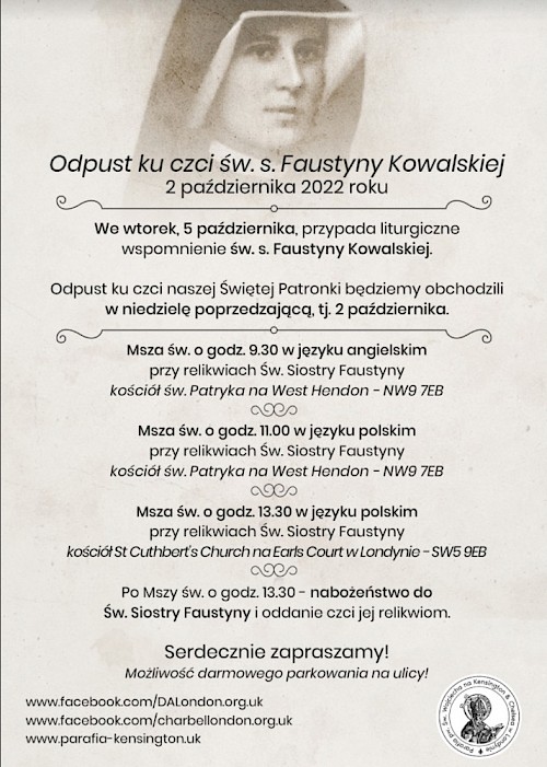 ODPUST KU&nbsp;CZCI ŚW.&nbsp;S. FAUSTYNY KOWALSKIEJ - 2 PAŹDZIERNIKA
